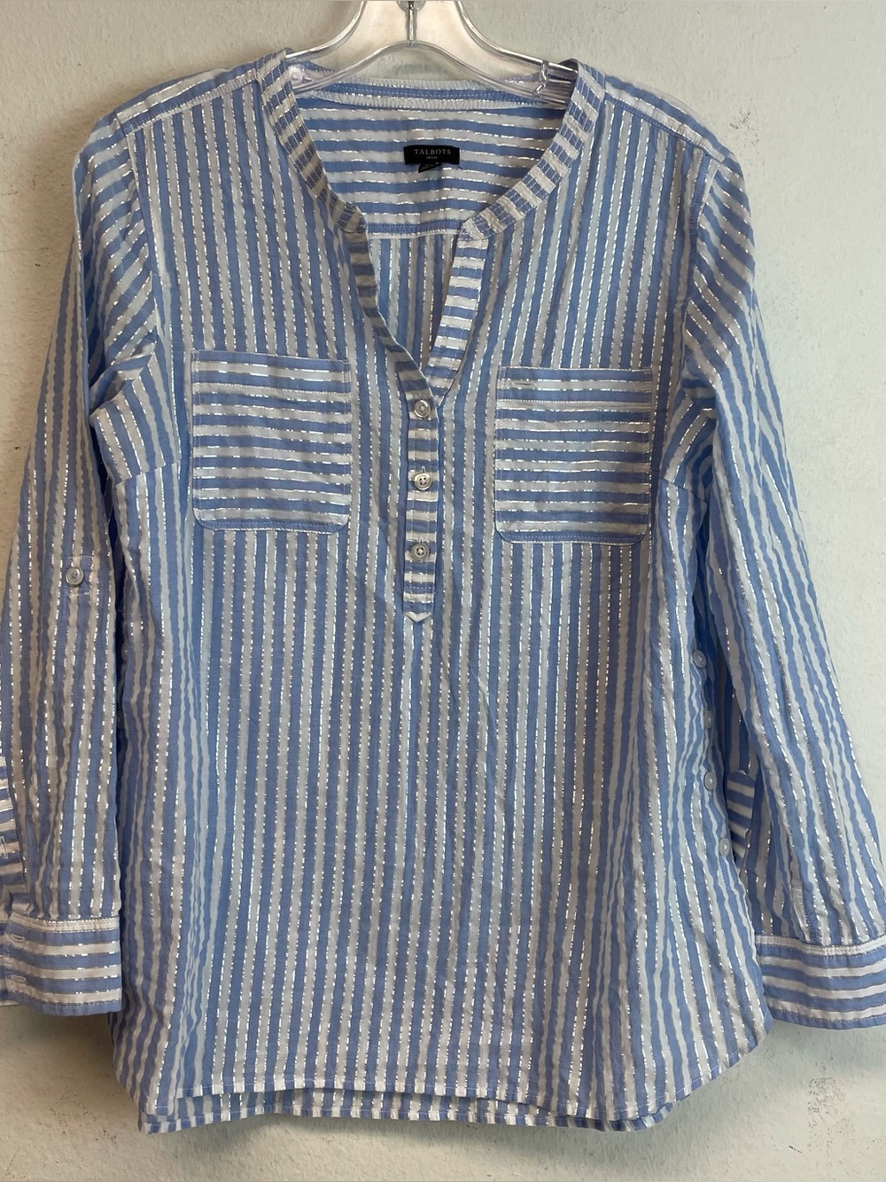 Talbots Light Blue and White Striped Popover Shirt Size L Petites